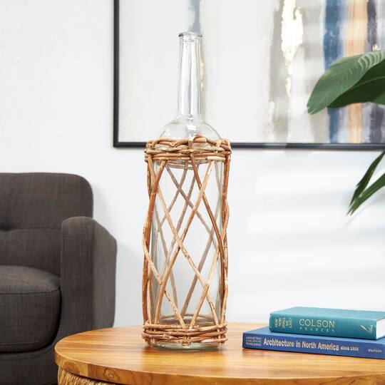 27" Clear Glass Handmade Tall Vase with Brown Rattan Woven Lower Body